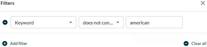 screenshot of filter options in keyword gap